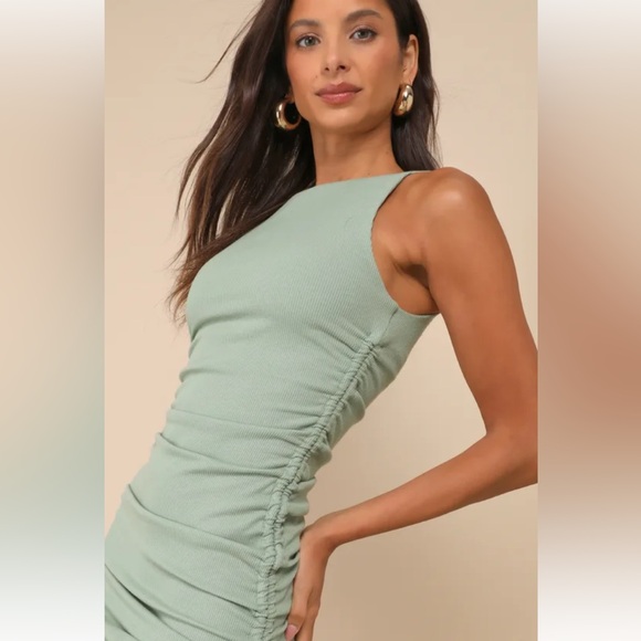 NWT Lulus Over and Over Sage Green Ribbed Drawstring Ruched Bodycon Dress - Picture 2 of 7